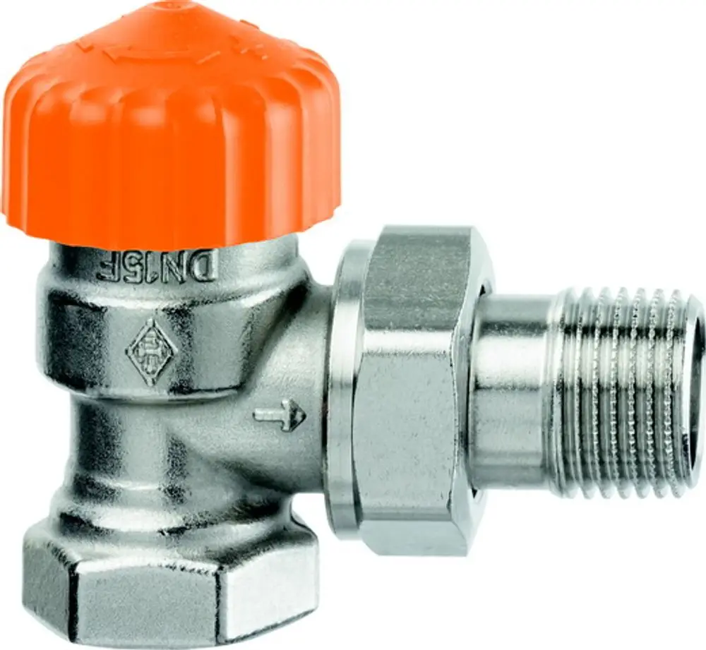 Thermostatventil mit orangefarbenem Drehgriff und gewendeltem Anschluss. Metallisches Gehäuse, hergestellt von IMI Hydronic Engineering, in Eckform dargestellt.
